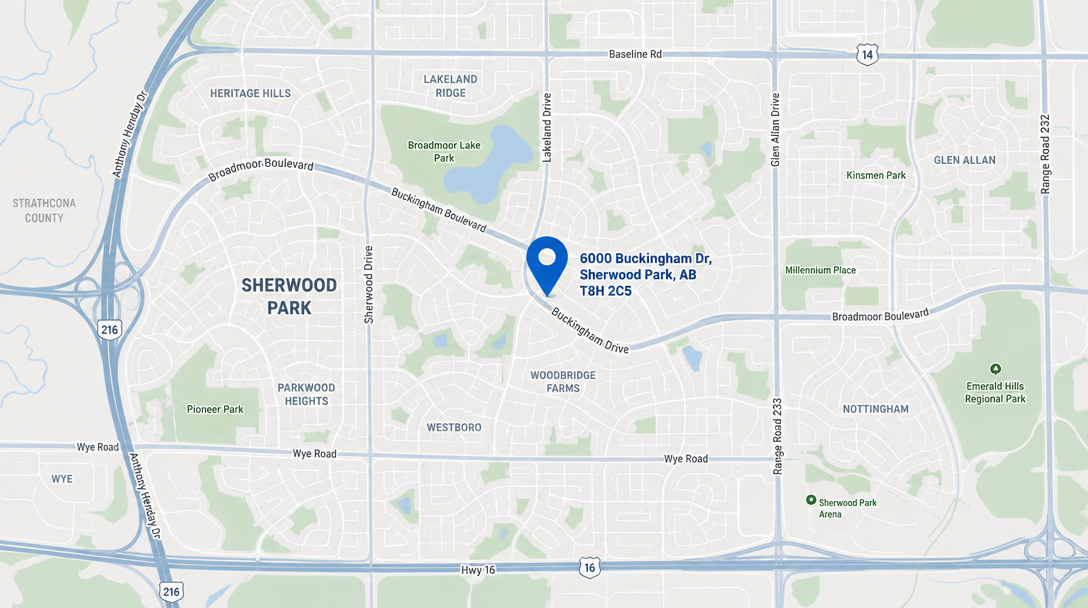 Map showing the location of TVP Safety Consulting at 6000 Buckingham Dr, Sherwood Park, AB T8H 2C5
