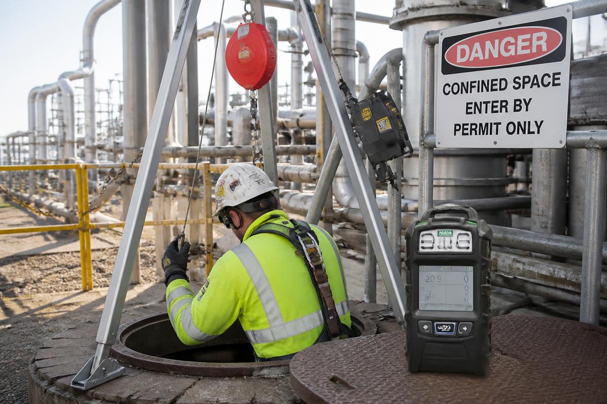 Worker entering a confined space with monitoring equipment