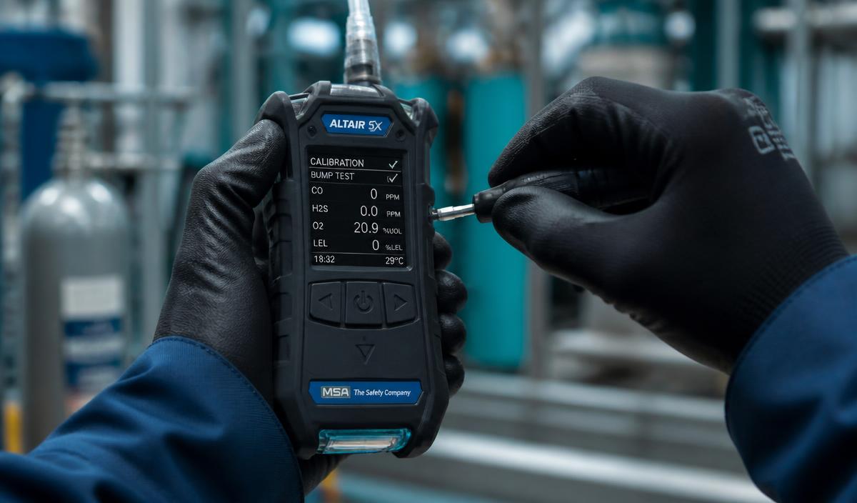 Technician calibrating a portable multi-gas detector
